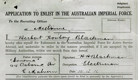 Harry Blackman's enlistment form - 34kB jpg