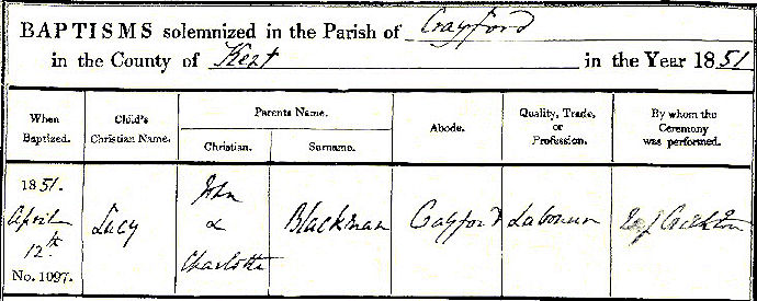 Lucy Blackman/Spooner's baptism certificate 1851 - 57kB jpg