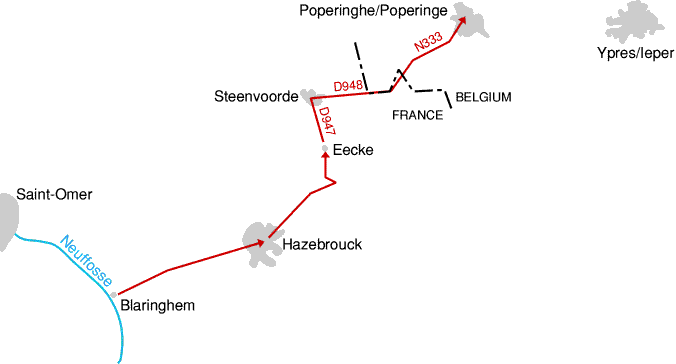 A schematic map showing the battalions route march to Poperinghe - 7Kb gif
