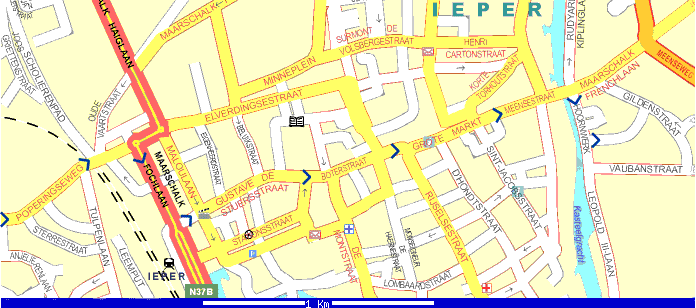 A modern town map of Ypres showing the route followed by the 42nd - Kb gif