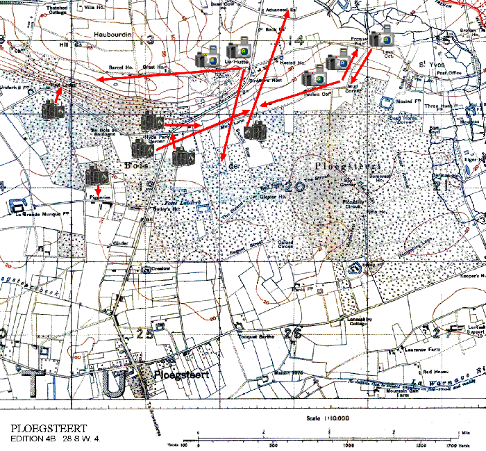 1917 trench map of Plugstreet Wood photo icons - 129kB gif