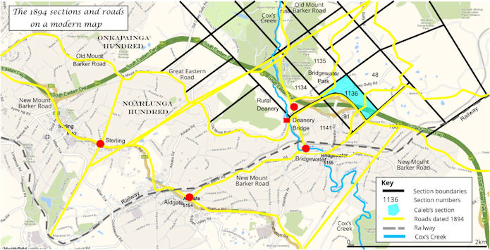 Bridgewater settlement sections on modern overlay - 84kB jpg