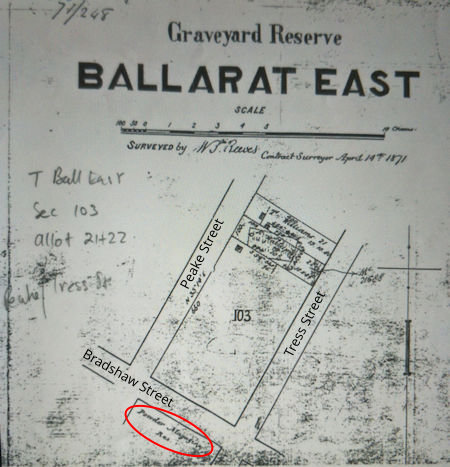 Map locating Ballarat Powder Magazine 14 April 1871 - 53kB jpg